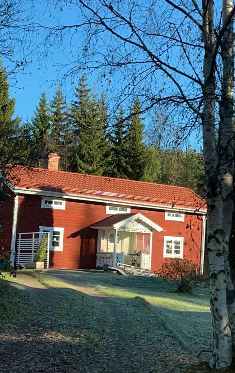 Rött hus med nylagt tegeltak vid sjön